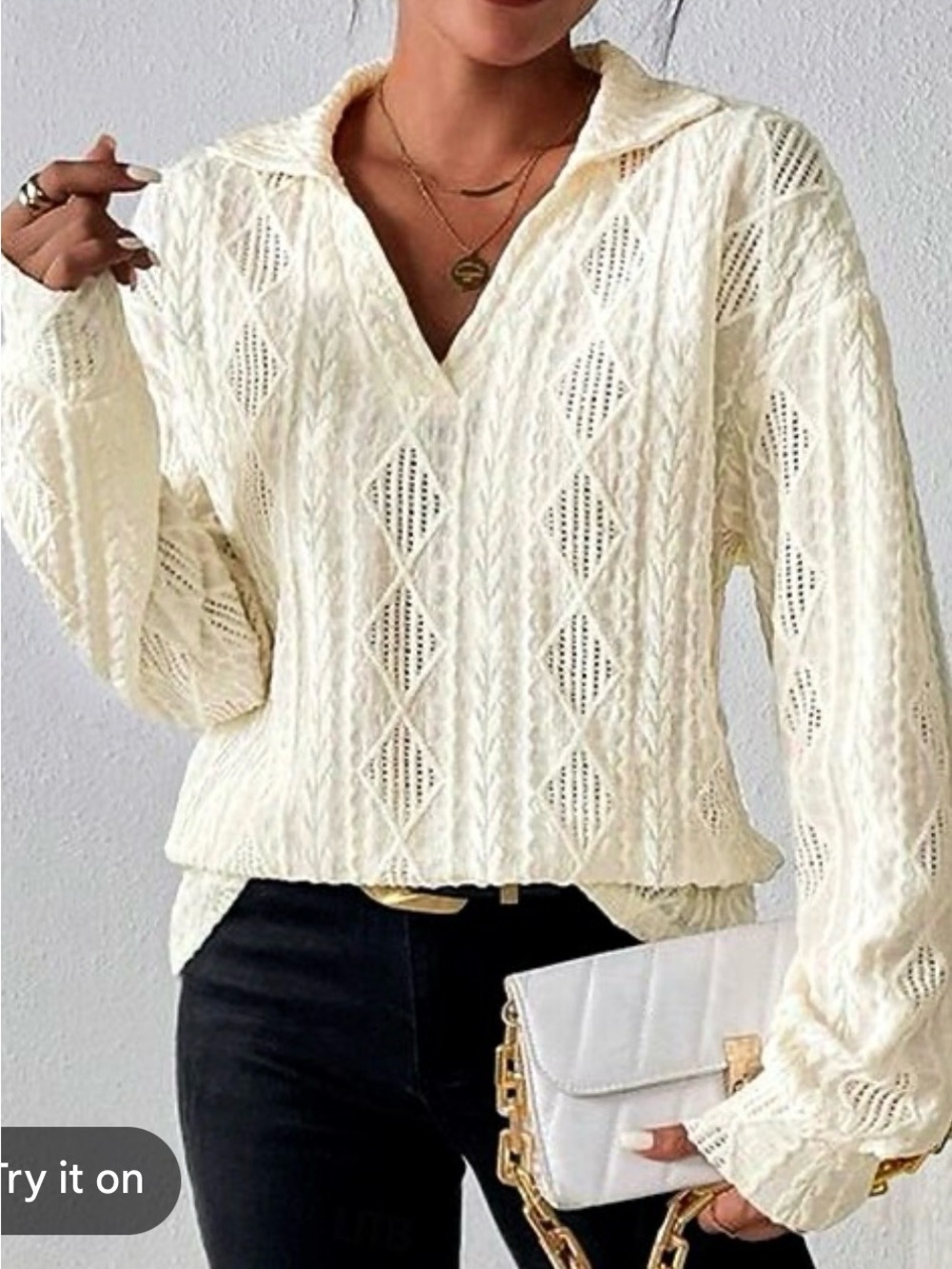 COMMENSE Cream Knit V-Neck Collard Long Sleeve Top, Size S (OVERSIZED to M), NWT